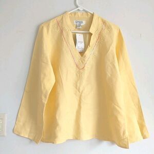 Giorgiana By Naji Top Tunic Blouse Women XL Yellow Linen Blend Embroidered New